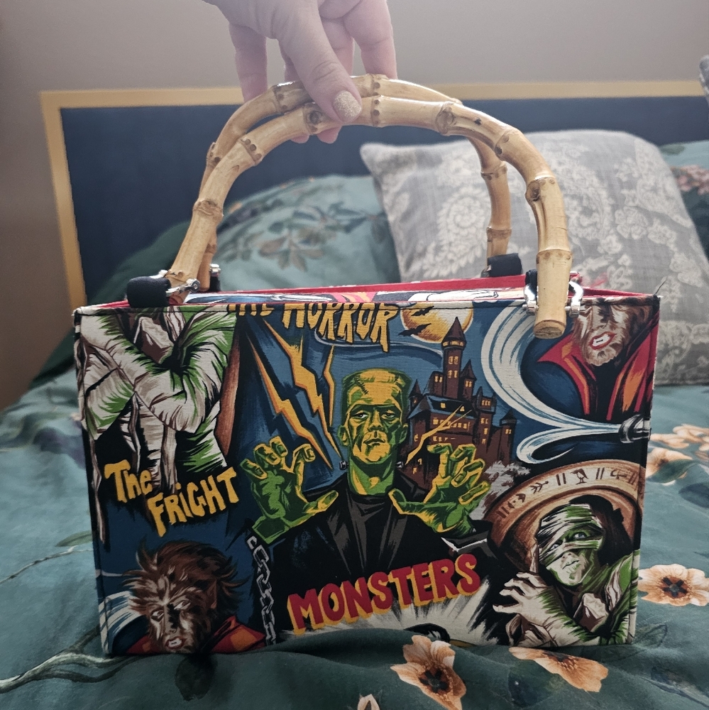 Colorful Monster Print Handbag with Bamboo Handles